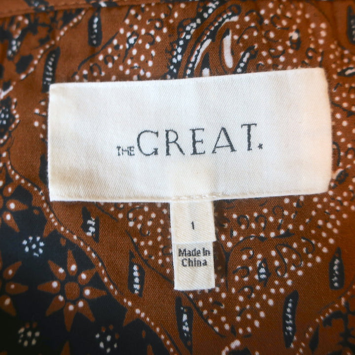THE GREAT The Moorland Puff Sleeve Top Brown Printed Cotton Poplin Size 1