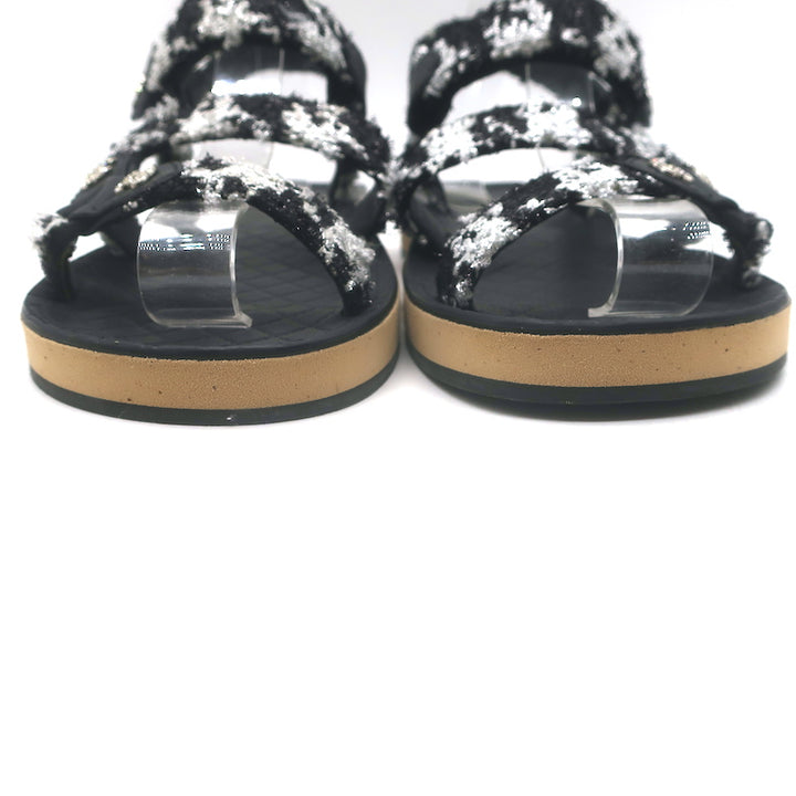 Chanel Crystal-CC Metallic Tweed Dad Sandals Black/Silver Size 36