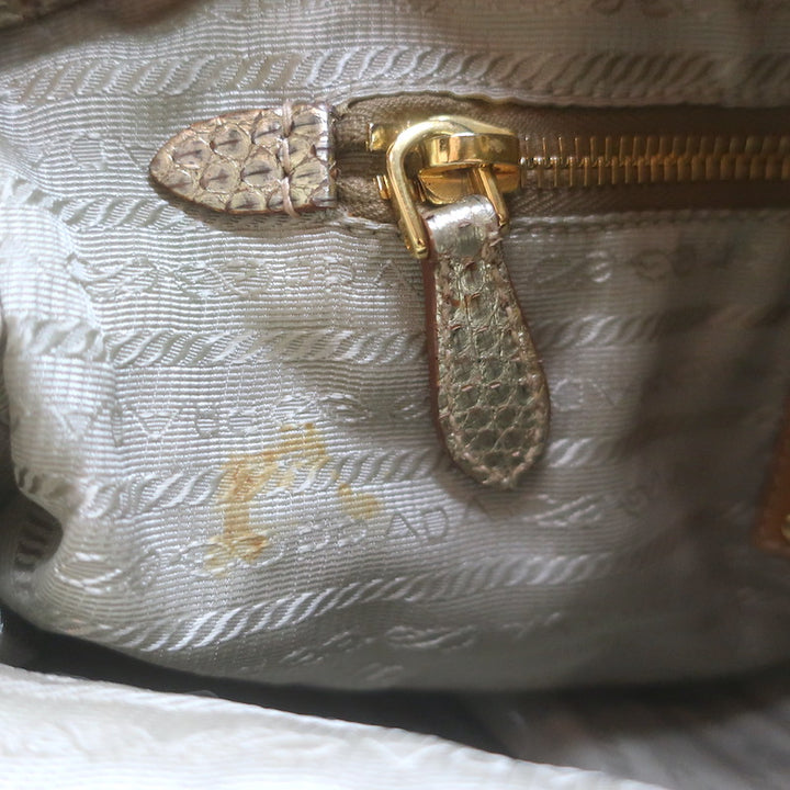 Prada Metallic Snakeskin-Trimmed Raffia Medium Hobo Bag Beige/Gold