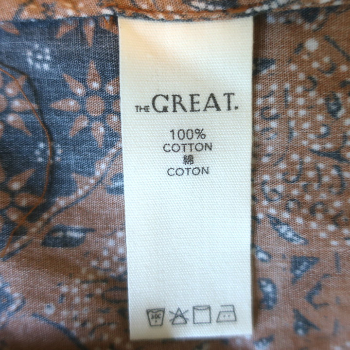 THE GREAT The Moorland Puff Sleeve Top Brown Printed Cotton Poplin Size 1