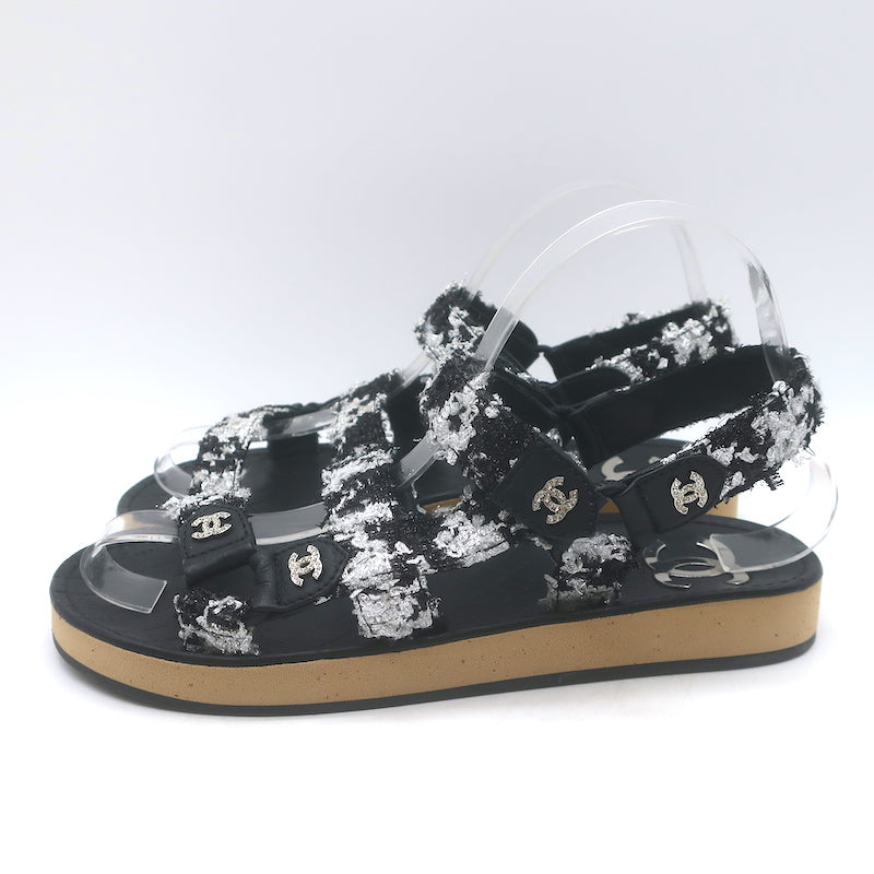 Chanel Crystal-CC Metallic Tweed Dad Sandals Black/Silver Size 36