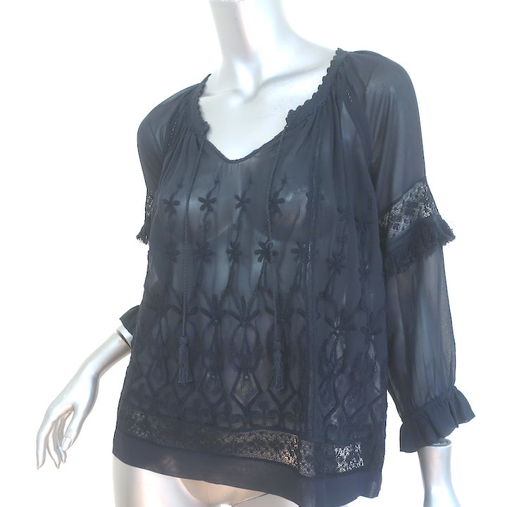 Ulla Johnson Emma Blouse Navy Embroidered Silk Size 2 Tassel Tie Top NEW