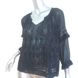 Ulla Johnson Emma Blouse Navy Embroidered Silk Size 2 Tassel Tie Top NEW