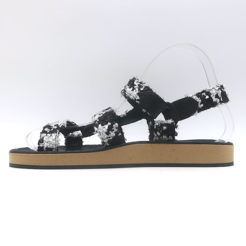 Chanel Crystal-CC Metallic Tweed Dad Sandals Black/Silver Size 36