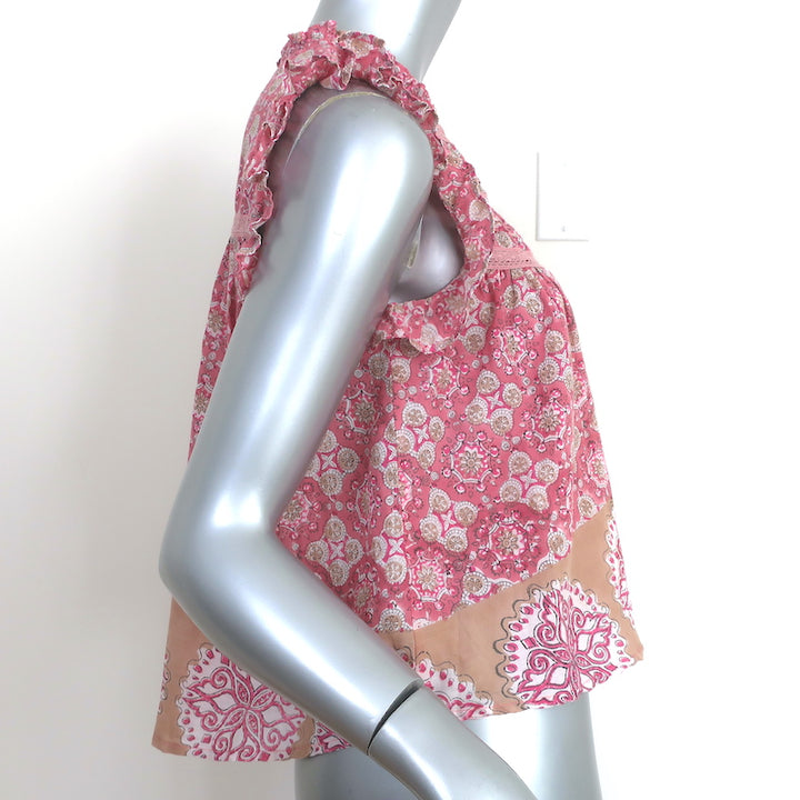 Bell Ruffle Top Pink Printed Cotton Size Small Sleeveless Blouse