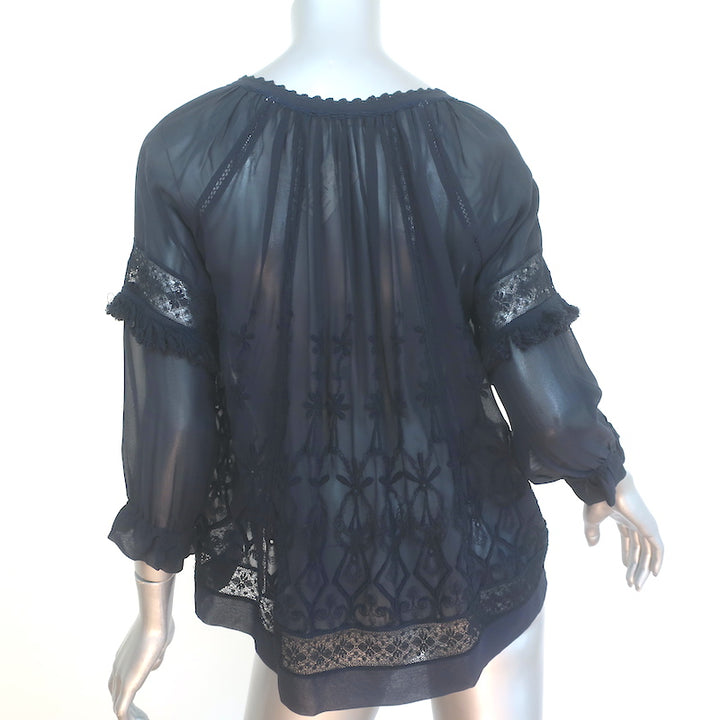 Ulla Johnson Emma Blouse Navy Embroidered Silk Size 2 Tassel Tie Top NEW