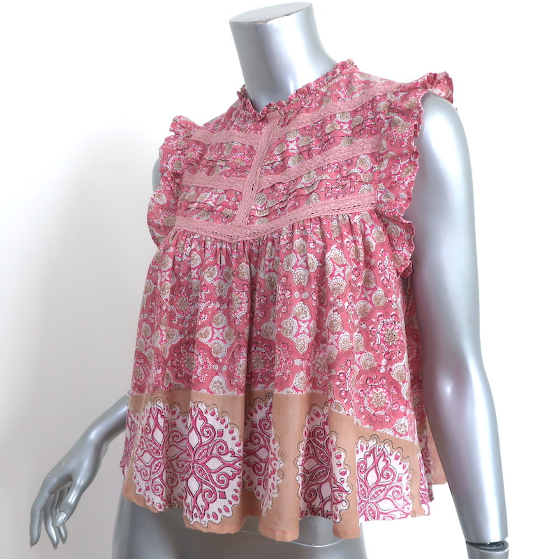 Bell Ruffle Top Pink Printed Cotton Size Small Sleeveless Blouse