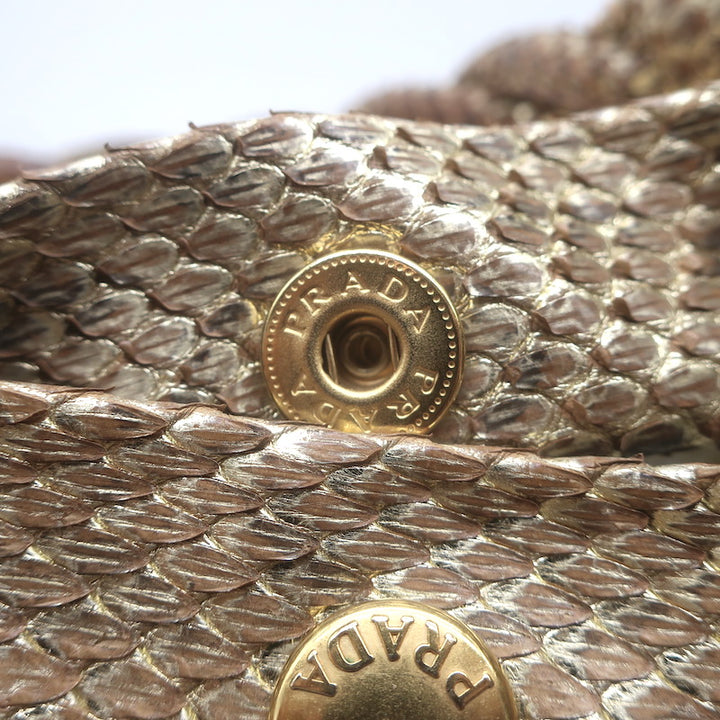 Prada Metallic Snakeskin-Trimmed Raffia Medium Hobo Bag Beige/Gold
