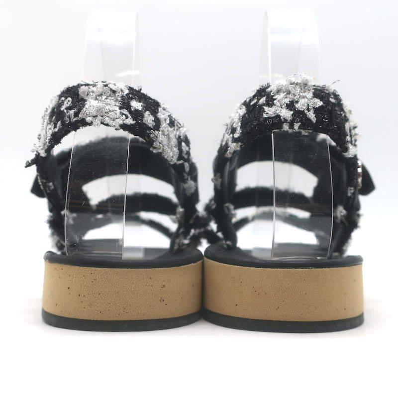 Chanel Crystal-CC Metallic Tweed Dad Sandals Black/Silver Size 36