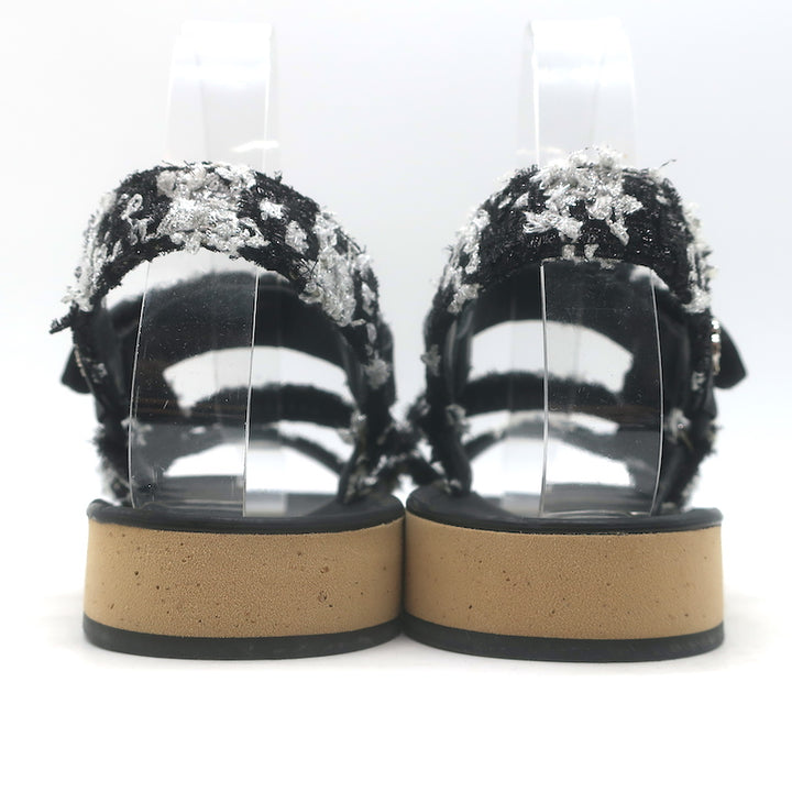 Chanel Crystal-CC Metallic Tweed Dad Sandals Black/Silver Size 36
