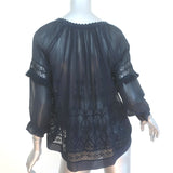 Ulla Johnson Emma Blouse Navy Embroidered Silk Size 2 Tassel Tie Top NEW