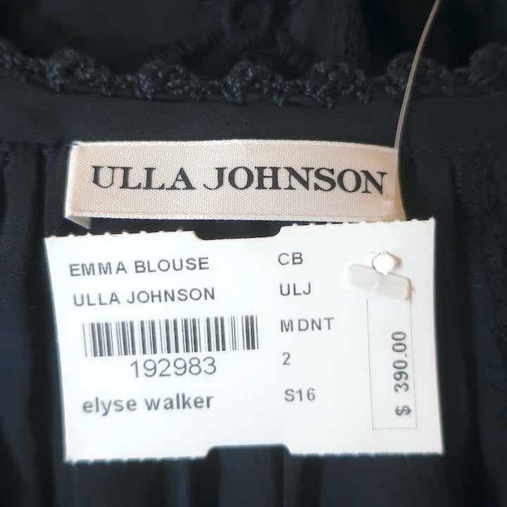 Ulla Johnson Emma Blouse Navy Embroidered Silk Size 2 Tassel Tie Top NEW