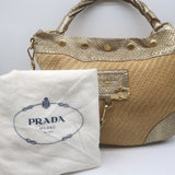 Prada Metallic Snakeskin-Trimmed Raffia Medium Hobo Bag Beige/Gold