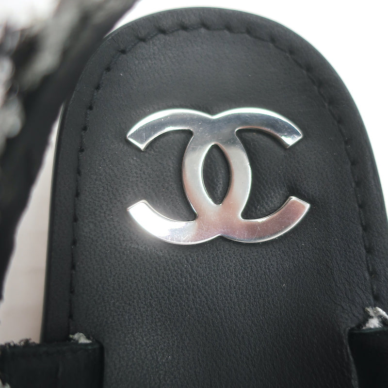 Chanel Crystal-CC Metallic Tweed Dad Sandals Black/Silver Size 36