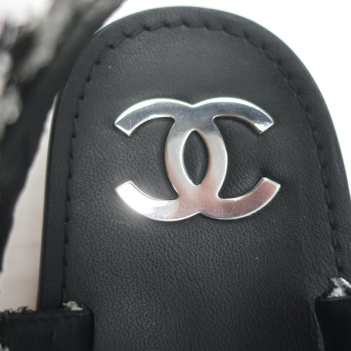 Chanel Crystal-CC Metallic Tweed Dad Sandals Black/Silver Size 36