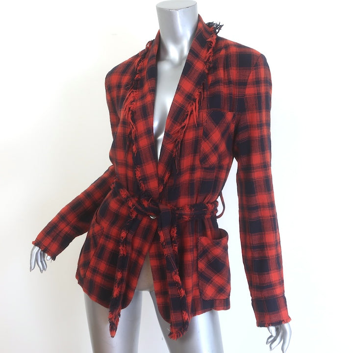 Raquel Allegra Plaid Belted Blazer Red &amp; Navy Frayed Cotton Size 1