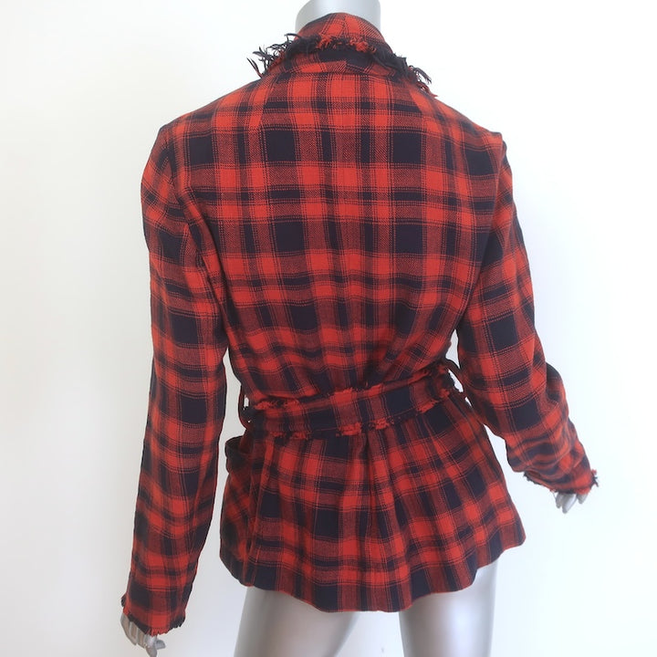 Raquel Allegra Plaid Belted Blazer Red &amp; Navy Frayed Cotton Size 1