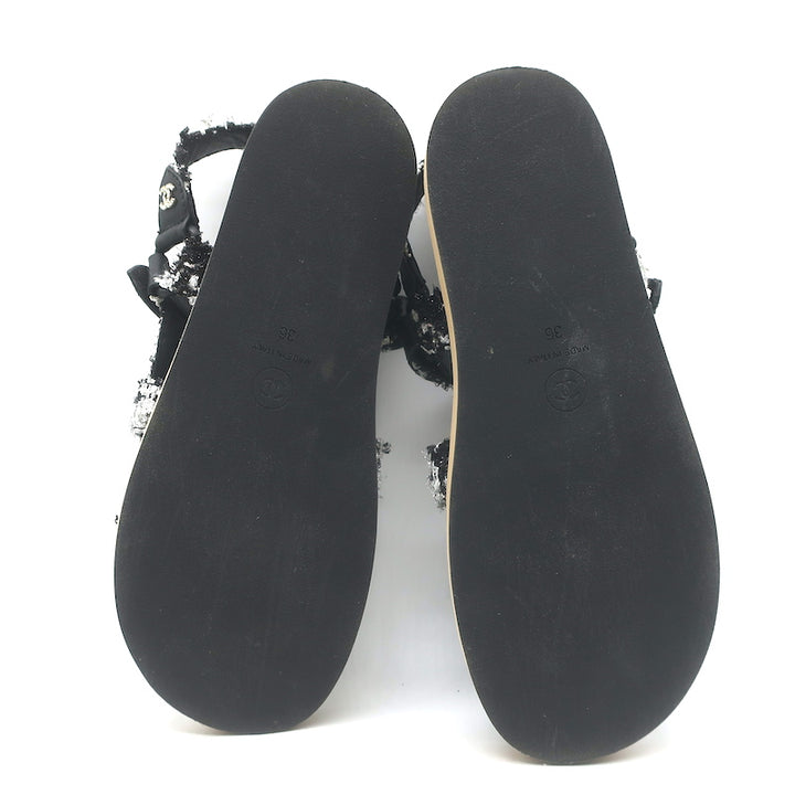 Chanel Crystal-CC Metallic Tweed Dad Sandals Black/Silver Size 36