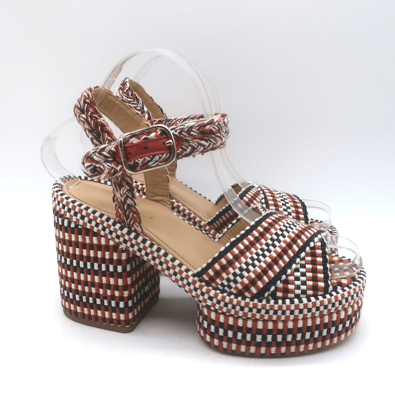 Chloe Odina Jacquard Platform Sandals Brown/White Size 36 Ankle Strap Heels