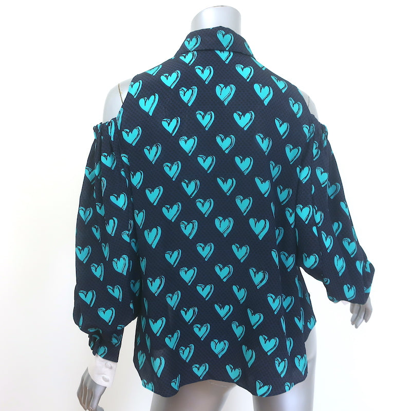 Fendi Heart of Hearts cold-shoulder button-up blouse in navy silk, pre-owned authentic designer piece