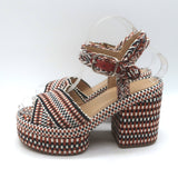 Chloe Odina Jacquard Platform Sandals Brown/White Size 36 Ankle Strap Heels