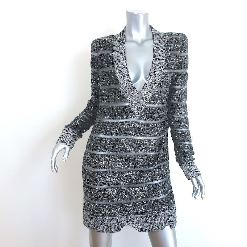 Balmain Sequined Striped Distressed Knit Mini Sweater Dress Black/Silv Celebrity Owned Balmain Sequined Striped Distressed Knit Mini Sweater Dress Black/Silv Celebrity Owned