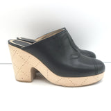 Chanel CC Clog Mules Black Perforated Leather Size 40 Platform Wood Heels