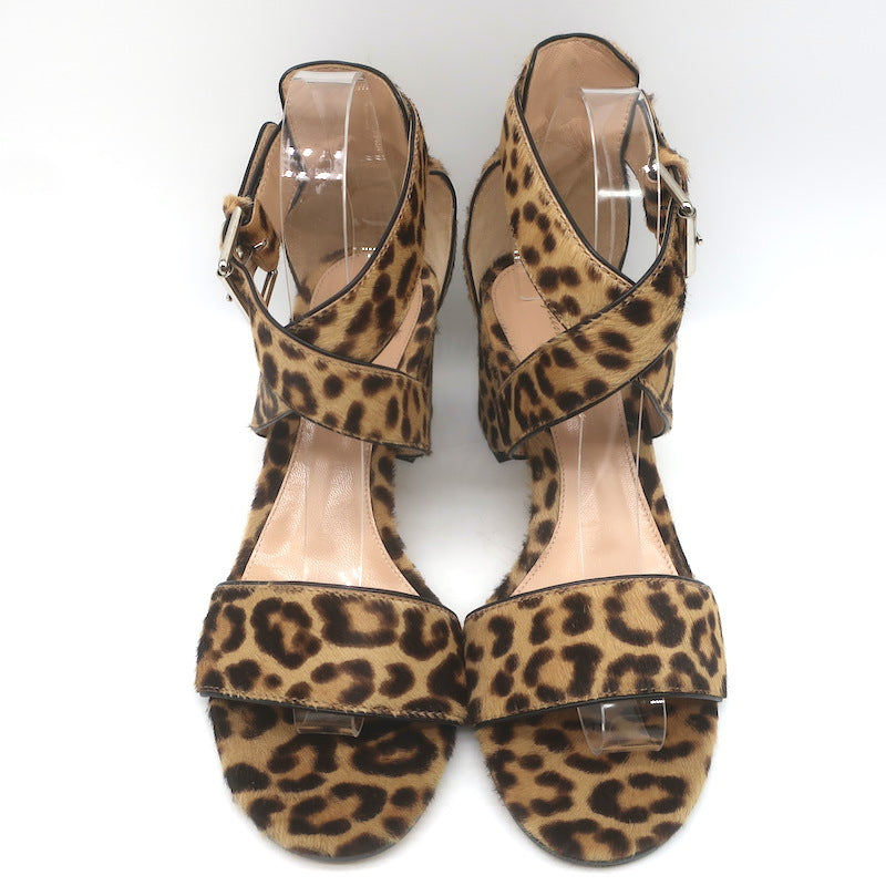 Gianvito Rossi Crisscross Leopard Print Calf Hair Sandals Brown Size 38