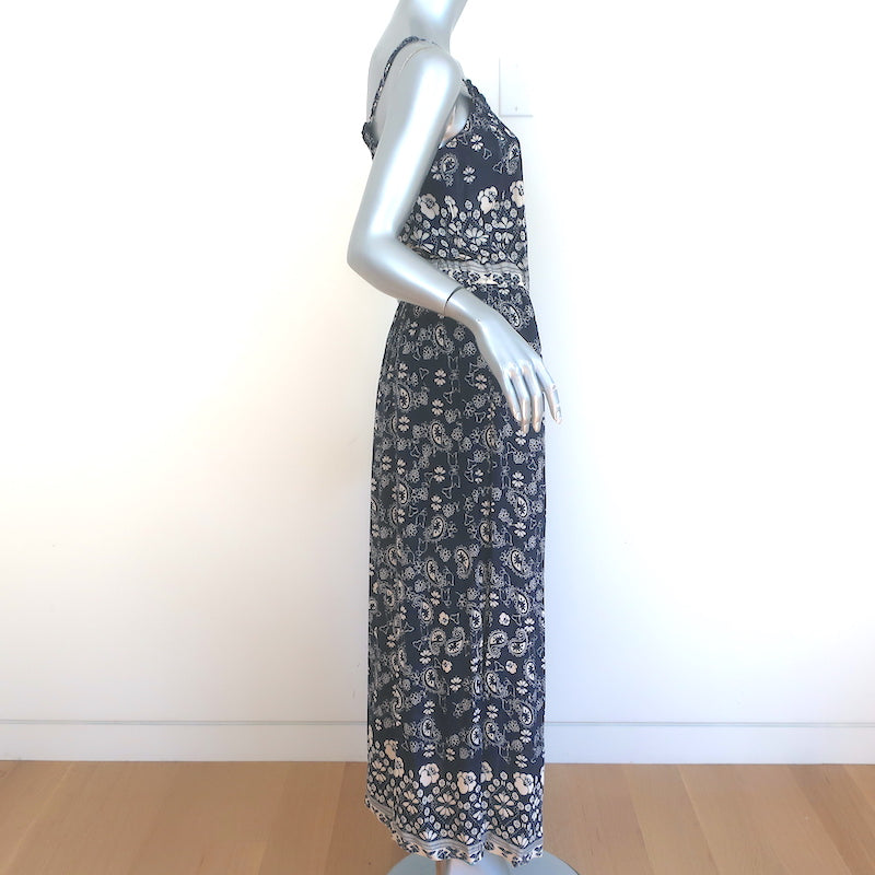 SEA Spaghetti Strap Maxi Dress Navy Floral Paisley Print Crepe Size 2