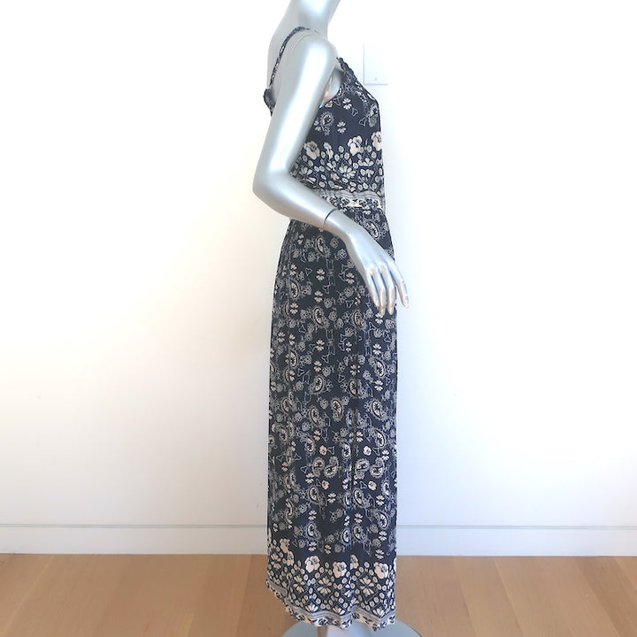 SEA Spaghetti Strap Maxi Dress Navy Floral Paisley Print Crepe Size 2