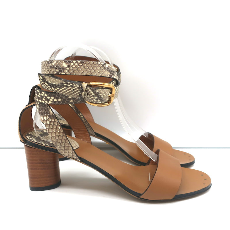 Gucci Ankle Wrap Sandals Cream Snakeskin &amp; Brown Leather Size 38 NEW