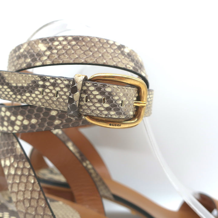 Gucci Ankle Wrap Sandals Cream Snakeskin &amp; Brown Leather Size 38 NEW