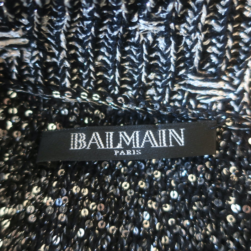 Balmain Sequined Striped Distressed Knit Mini Sweater Dress Black/Silver Size 36