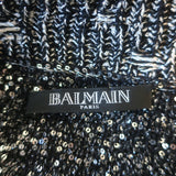 Balmain Sequined Striped Distressed Knit Mini Sweater Dress Black/Silver Size 36