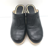Chanel CC Clog Mules Black Perforated Leather Size 40 Platform Wood Heels