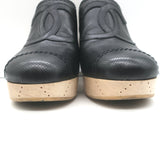 Chanel CC Clog Mules Black Perforated Leather Size 40 Platform Wood Heels