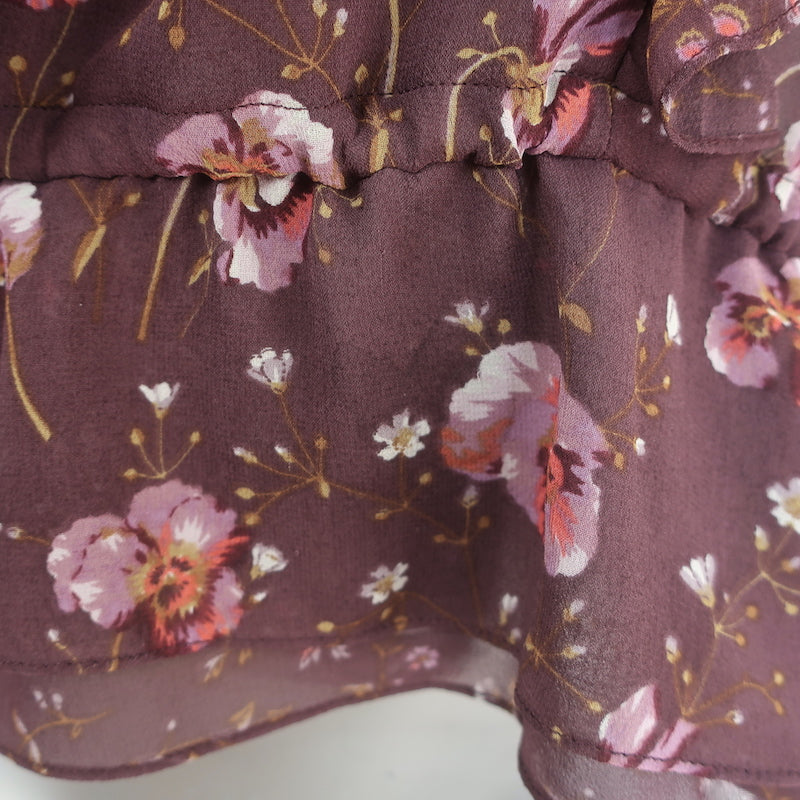 Ulla Johnson Leif Blouse Plum Floral Print Ruffled Silk Size 2 Short Sleeve Top
