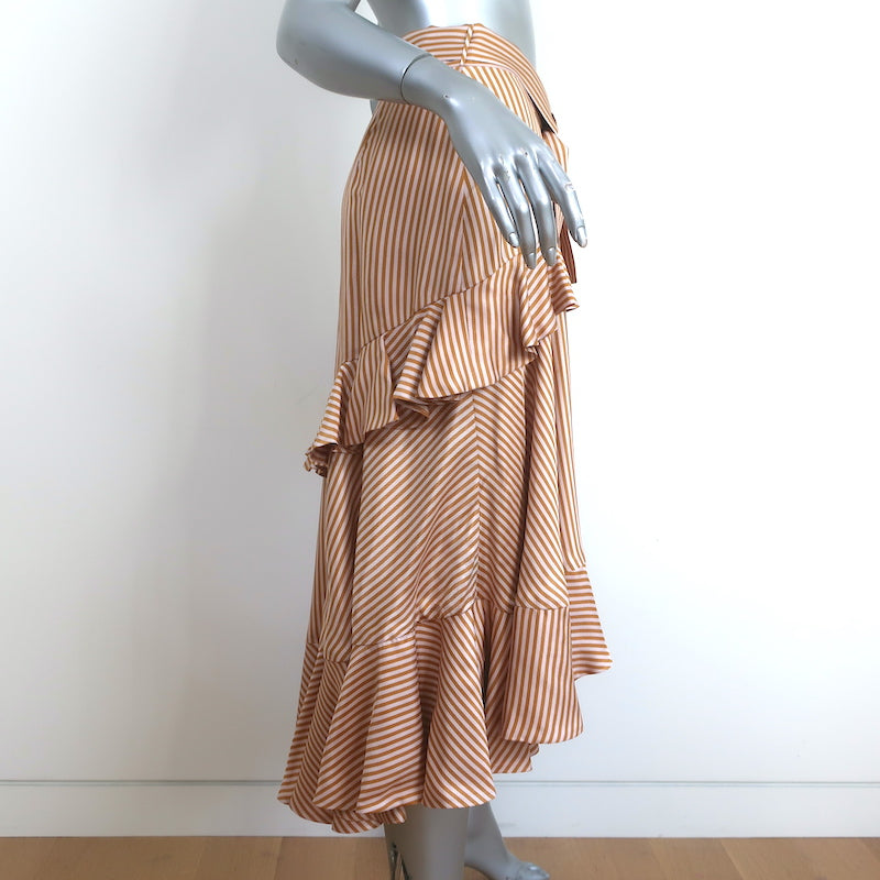 Zimmermann Ruffled Midi Skirt Gold/Light Pink Striped Satin Twill Size 1