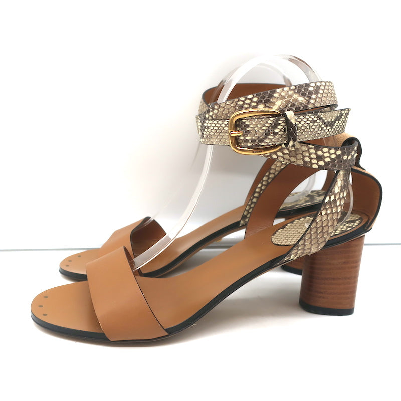 Gucci Ankle Wrap Sandals Cream Snakeskin &amp; Brown Leather Size 38 NEW