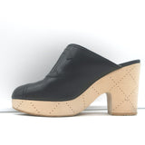 Chanel CC Clog Mules Black Perforated Leather Size 40 Platform Wood Heels