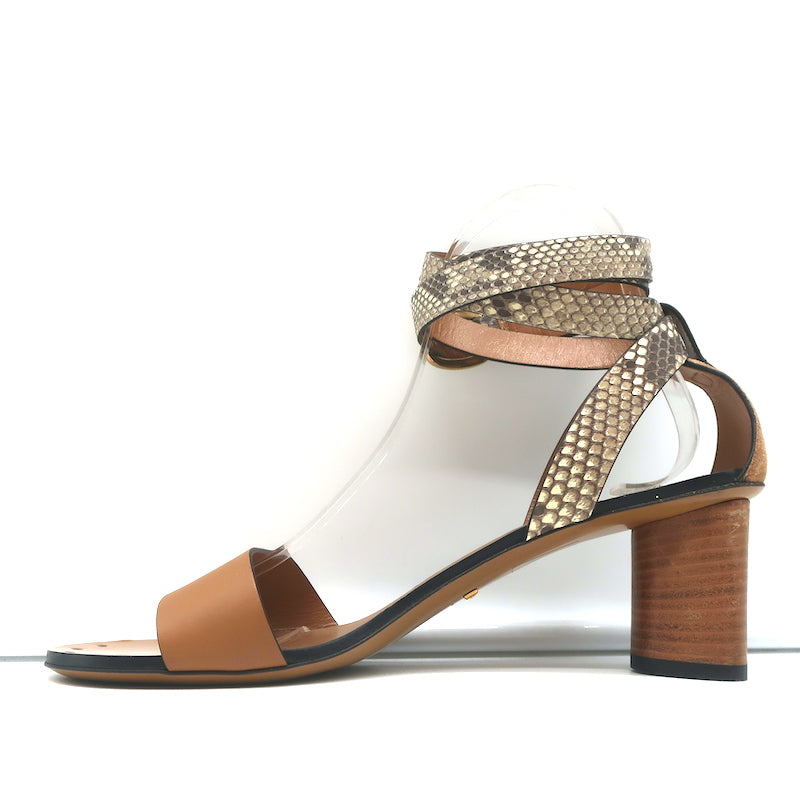 Gucci Ankle Wrap Sandals Cream Snakeskin &amp; Brown Leather Size 38 NEW