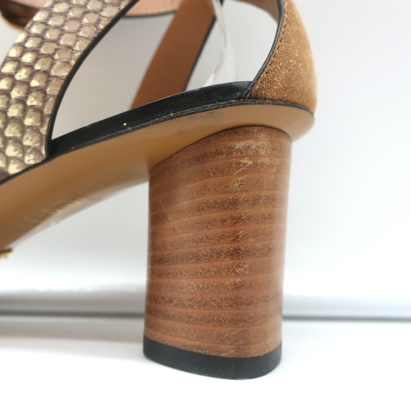 Gucci Ankle Wrap Sandals Cream Snakeskin &amp; Brown Leather Size 38 NEW