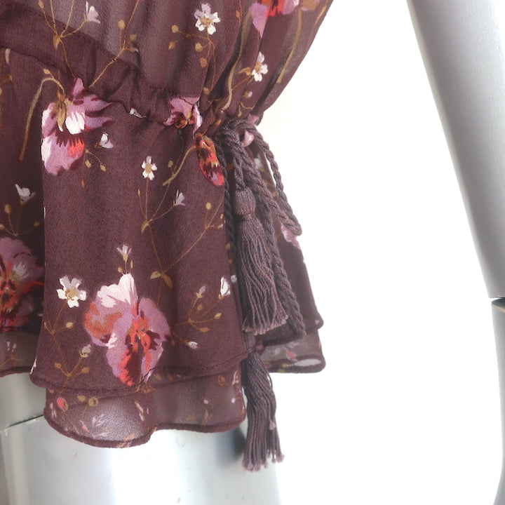Ulla Johnson Leif Blouse Plum Floral Print Ruffled Silk Size 2 Short Sleeve Top
