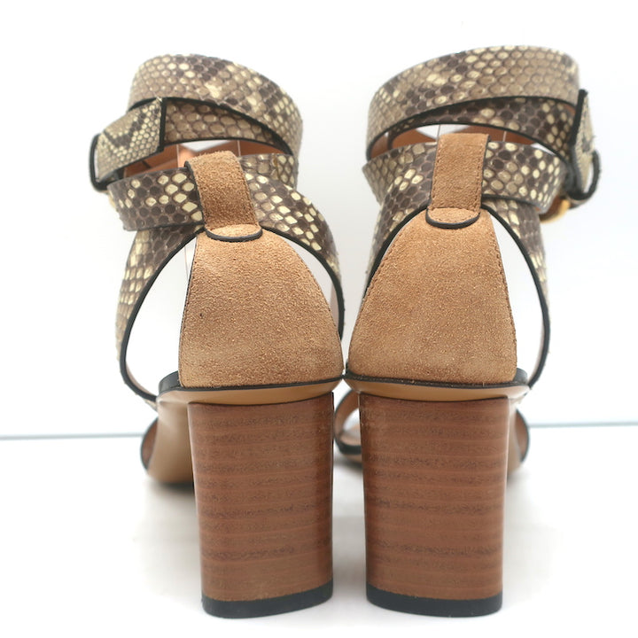 Gucci Ankle Wrap Sandals Cream Snakeskin &amp; Brown Leather Size 38 NEW