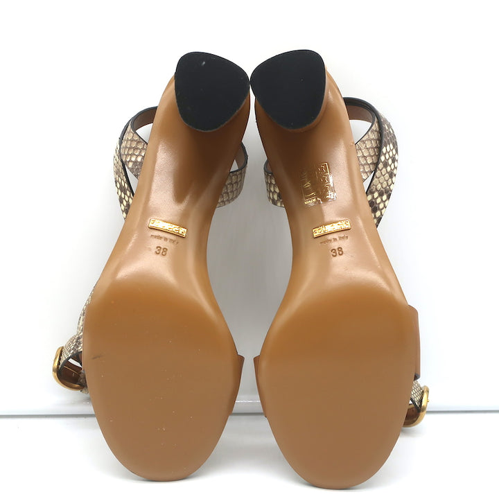 Gucci Ankle Wrap Sandals Cream Snakeskin &amp; Brown Leather Size 38 NEW