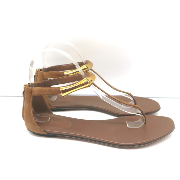 Gucci Coraline Bamboo Thong Sandals Brown Suede Size 38 T-Strap Flats