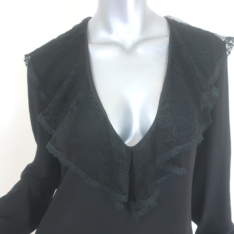 Dolce &amp; Gabbana Ruffled Lace Blouse Black Stretch Silk Size 46 Long Sleeve Top