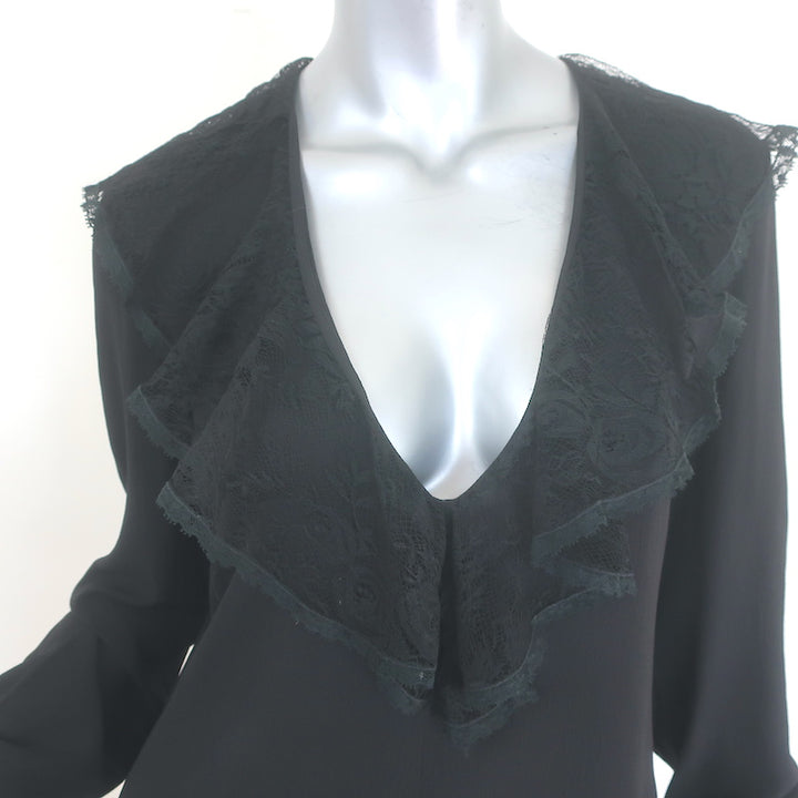 Dolce &amp; Gabbana Ruffled Lace Blouse Black Stretch Silk Size 46 Long Sleeve Top