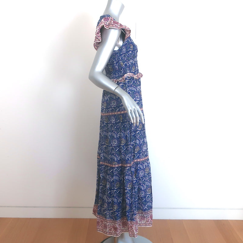 SEA Rosita Smocked Midi Dress Blue Floral Print Cotton Size 6