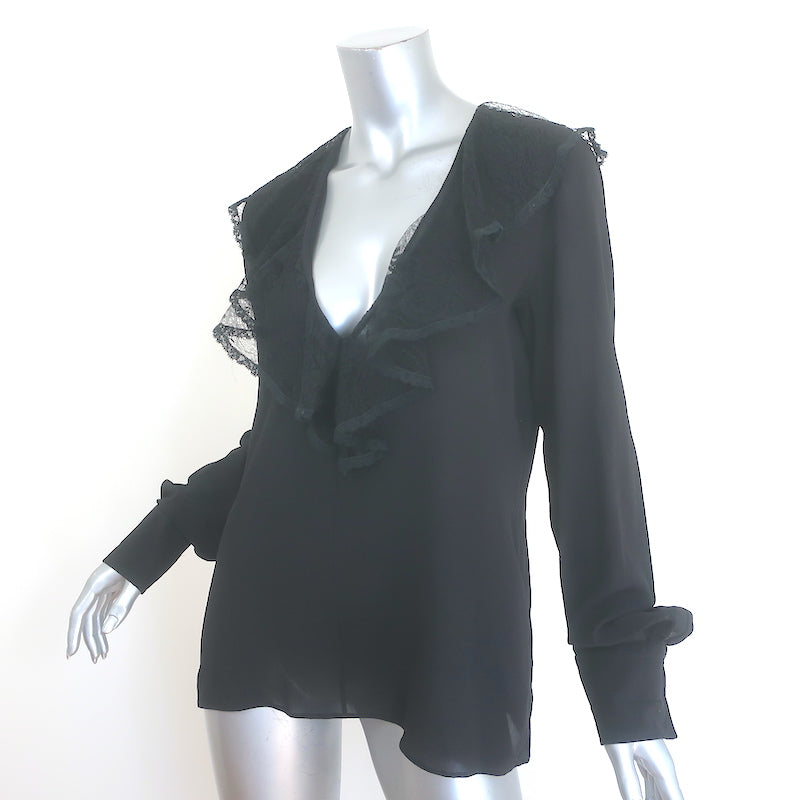 Dolce &amp; Gabbana Ruffled Lace Blouse Black Stretch Silk Size 46 Long Sleeve Top